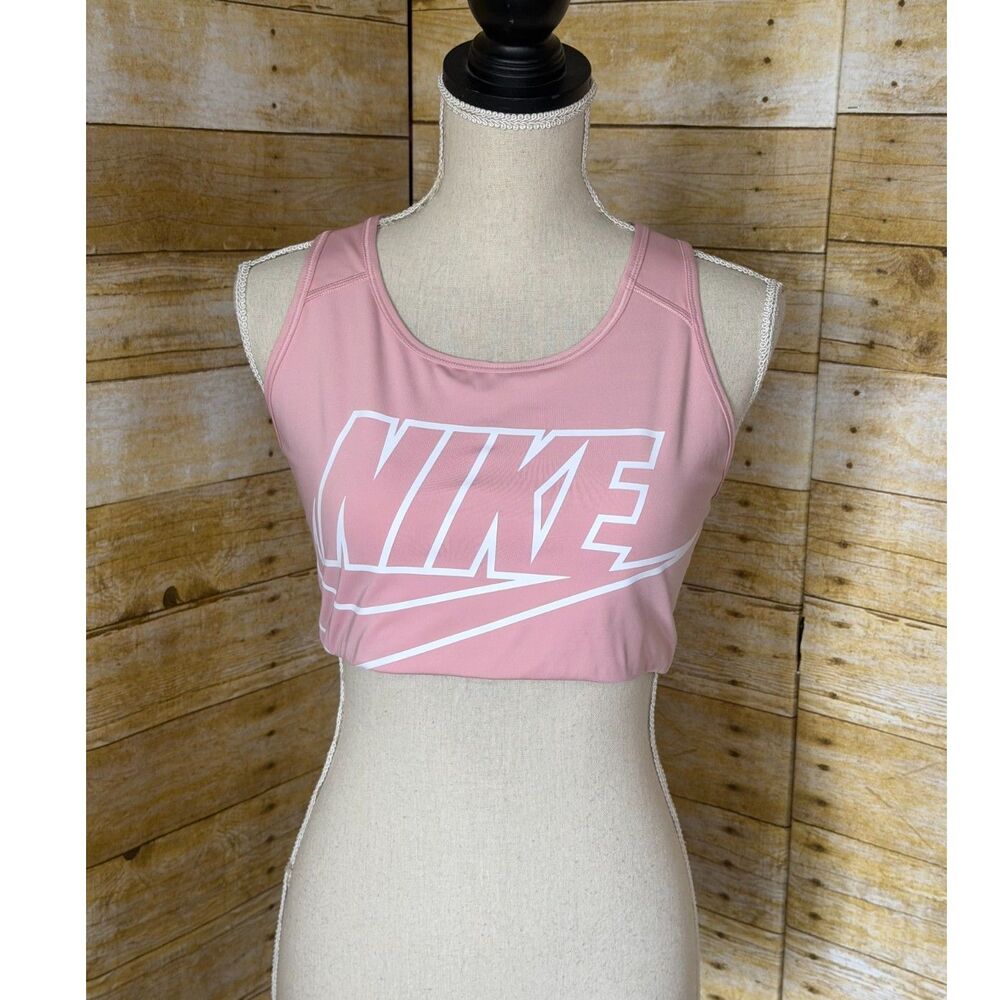 Nike pink and white swoosh logo medium support racerback sports bra xl